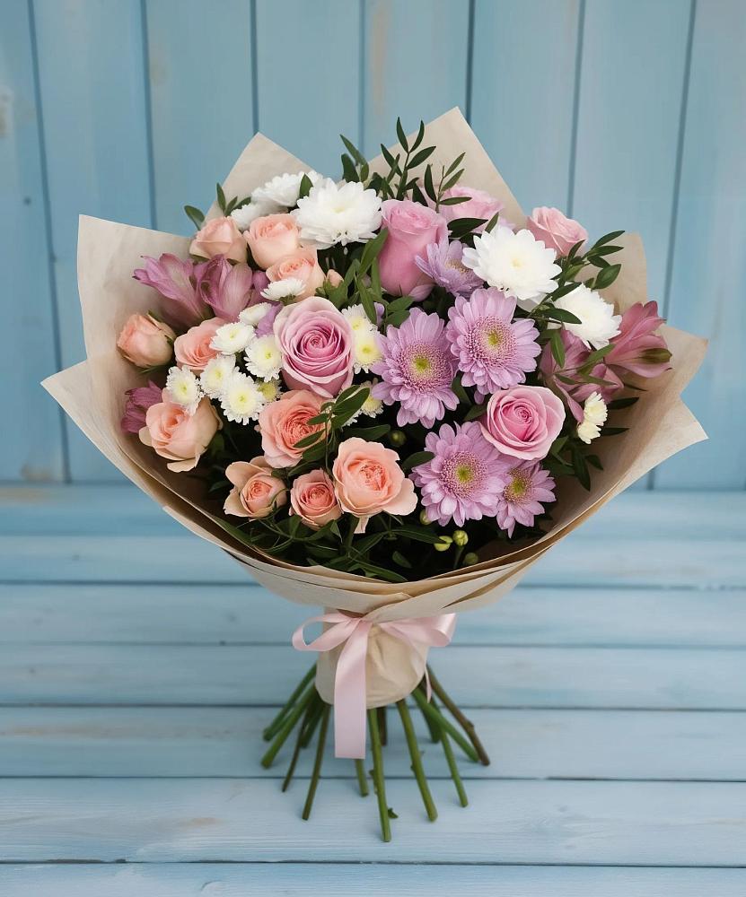 Букет цветов из: Хризантемы, Розы и Альстромерии в Тосно