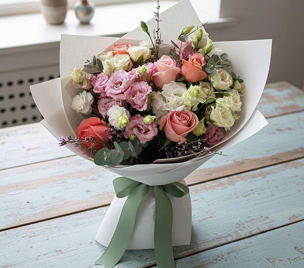 Букет цветов из: Розы, Лизиантусы и Гвоздики в Тосно